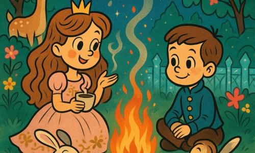Prințesa Elara, veselă și timidă, cu față rotundă și păr lung ondulat chihlimbar deschis, în rochie din tul roz pal brodată cu auriu, stă lângă un foc mic ținând o cană aburindă și povestind, în fața ei, un prinț băiat de 8–10 ani, atent și zâmbitor, păr scurt brun, jachetă albastru închis cu nasturi aurii, șezând cu picioarele încrucișate și privind flăcările; un iepure bărbat, mic, blană albă cu pete gri și urechi mari, sare vesel lângă foc; o căprioară femelă, grațioasă, blană bej, stă în spate lângă un tufiș cu flori, capul înclinat, observând liniștit; locul e o poiană secretă dintr-o grădină feerică, iarbă verde de primăvară, flori vii, copaci cu frunze smarald și garduri de cristal care reflectă lumina focului; scena e un cerc cald în jurul unui foc pâlpâitor la amurg, fum în spirală, scântei colorate spre un cer înstelat, atmosferă intimă și magică, compoziție simplă, culori vibrante și contururi negre netede în stil cartoon retro "rubber hose".