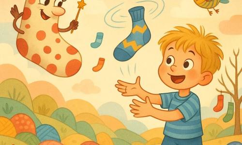 A joyful, amazed 6-year-old boy with messy blond hair, rosy cheeks, and bright wide eyes, wearing a blue striped T-shirt and shorts, reaches with outstretched arms and a big smile as a blue sock with yellow zigzags descends like a helicopter into his hands; to the left floats Queen Toetip, a crowned polka-dot sock with a funny face waving a tiny wand, while colorful sock-birds with striped wings sing overhead leaving patterned trails, the valley is made of rolled-sock hills, hanging-sock trees and a pastel sky with yarn-ball clouds, a crowd of applauding socks surrounds the boy — whimsical, bright and highly textured.
