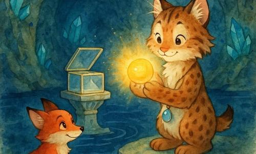 Um jovem lince ruivo listrado, orelhas pontudas com tufos e olhar maravilhado segura uma pequena caixa de vidro aberta contra o peito enquanto uma esfera de luz dourada flutua para ele; postura calma e respeitosa. Ao lado, uma raposa ruiva de pelagem brilhante e cauda espessa, olhos maliciosos mas ternos, ajoelhada na margem observa com curiosidade. Uma pequena lupa de cristal pendurada no pescoço do lince reflete brilhos azuis. Tudo numa ampla caverna de paredes úmidas, com um lago negro, cristais azuis e verdes nas paredes e um ilhote com pedestal esculpido; a caixa no pedestal se abre e libera a esfera enquanto finos fios vermelhos quase apagados desaparecem ao redor, criando uma atmosfera mágica, silenciosa e serena em contraste entre azul-noturno e ouro quente.