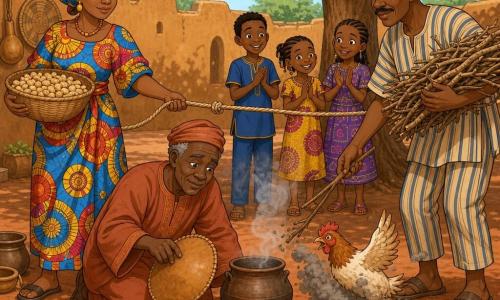 About 50-year-old Kofi, calm and kind, dark brown skin and short gray hair, kneels by a small orange-red flame, gently blowing with a calabash lid to revive it; about 40-year-old Mama Sira, sturdy arms and light brown skin, stands left of the fire in a patterned dress holding a basket of peanuts and placing dry fibers; around 45-year-old Uncle Demba, mustached in a simple striped garment, stands right of the fire holding a bundle of dry branches and a stick; a rope stretched between Mama Sira and Uncle Demba symbolizes reconciliation; three braided-haired children (about 8, 6, and 9) in bright clothes watch and softly clap near a neem tree in the background; a chicken mid-leap kicks up a cloud of gray ash that almost smothered the flame; the round red-earth courtyard has ochre earth walls, a large neem branch with hanging gourds, small wooden stools, an earthenware pot on three stones over the fire, and calabashes and baskets against a wall; the scene is warm, peaceful, with gentle smoke spirals and a family atmosphere.