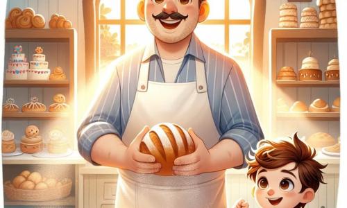 A man, Bobby the baker, is at the center of the image. He has a warm, big smile, round cheeks, and slightly tousled brown hair. He wears a white apron dusted with flour and holds a spatula in one hand while proudly showcasing a golden loaf just out of the oven with the other. His eyes shine with joy and enthusiasm. Beside him is a little boy named Timmy, about 8 years old, with curly hair and sparkling eyes full of curiosity. He wears a colorful t-shirt and a small apron that is too big for him. Timmy is shaping dough into an animal, smiling widely and looking at Bobby with admiration. The setting is a warm and welcoming bakery, with shelves filled with bread, pastries, and decorated cakes. Sunlight filters through the windows, illuminating the flour in the air and creating a joyful and lively atmosphere. The scene depicts Bobby and Timmy sharing a moment of camaraderie, surrounded by treats as they prepare delicious creations for a big bakery event.