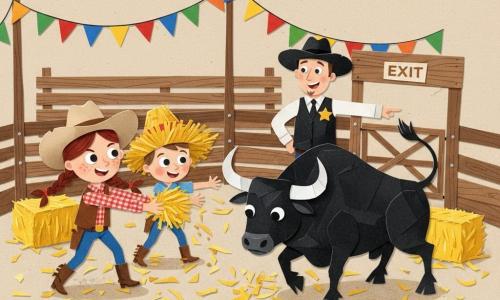 The protagonist is a redheaded cowgirl with braided hair and freckles, determined expression, throwing a handful of hay; a small enthusiastic boy (Billy, about 9) beside her in an oversized straw hat also reaches hay toward the bull; Sheriff Tom (about 40) stands slightly back with a gold star on his vest, smiling and pointing to the arena exit; a large black bull named Thunder, muscular with white horns, is agitated but drawn to the falling hay; daytime rodeo arena with nailed wooden fences, wooden bleachers, colorful pennants, hay bales and straw on the ground; dynamic scene of the girl and boy distracting the bull so cowboys can catch it, with bold silhouettes and vivid contrasting colors