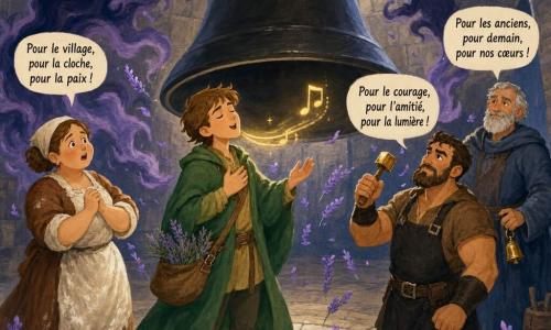 Dorian, un bărbat tânăr cu păr castaniu deschis și ochi blânzi, poartă un mantou verde și un sac cu plante, mâna pe piept fredonând o melodie protectoare; la stânga lui Mara, brutăriță cu șorț făinos, surprinsă dar liniștită, la dreapta Iancu, fierar musculos cu șorț de piele, ținând un ciocanuleț de aur talisman, iar puțin în spate Radu, păzitorul clopotelor, cu păr grizonat și clopoțel de alamă la brâu. Într-o sală mare a donjonului din piatră gri, cu boltă înaltă și o fereastră rotundă prin care intră o lună argintie, un clopot negru uriaș stă suspendat deasupra unui cerc de dale crăpate; sub lumină moale de gouache, atmosfera eroică și tandră — Dorian cântă o notă caldă care alungă umbre fumurii din jurul clopotului, ceilalți rostesc în cor o frază clară, câteva fire de lavandă plutesc, iar starea trece de la amenințătoare la liniștită.