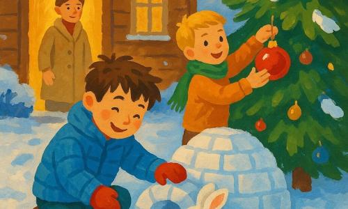 Tom, 6 jaar, glimlachend met roze wangen en blauwe gewatteerde winterjas bouwt een klein iglo en aait een wit konijn; vriend Max, ongeveer 7, met kort blond haar en een groene sjaal hangt een glanzende rode kerstbal in een grote den; hun moeder, dertiger met kastanjebruin haar in een knot en een beige warme mantel, kijkt vanuit de deur met warm binnenlicht; besneeuwde tuin voor een houten huis, versierde kerstboom, voetsporen in de sneeuw en een gezellige kerststemming met warme gele en koude blauwwitte contrasten.