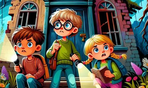 Un niño de 10 años, con el cabello castaño desordenado y gafas redondas, mira con ojos muy abiertos y una expresión de determinación. Sostiene una pequeña linterna en una mano y un cuaderno en la otra, listo para tomar notas. A su lado, una niña de 10 años, con trenzas rubias y una sonrisa nerviosa, ilumina la entrada de la casa con su linterna. Un niño de 10 años, con un rostro valiente y ropa colorida, se encuentra un poco atrás, observando los alrededores con curiosidad. La escena tiene lugar frente a una vieja casa abandonada, con paredes deterioradas y ventanas rotas, rodeada de arbustos espesos y flores silvestres. La puerta de madera chirría levemente con el viento, añadiendo un ambiente misterioso. Los tres amigos están frente a la entrada, dudando pero emocionados, listos para entrar en lo desconocido y resolver el misterio de la casa.