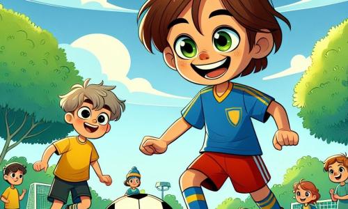 En el centro de la imagen, Sofía, una niña de 10 años, está driblando un balón de fútbol con una gran sonrisa en su rostro. Tiene el cabello castaño recogido en una coleta, lleva una camiseta de fútbol azul y un short rojo, y sus ojos brillan de emoción. A su derecha, Lucas, un niño de 9 años, la observa con admiración, los ojos muy abiertos, listo para intentar pasar el balón. Tiene el cabello castaño desordenado y lleva una camiseta amarilla y un short negro. El escenario es un parque verde, con árboles frondosos de fondo, un cielo azul salpicado de algunas nubes blancas, y un grupo de niños jugando a lo lejos, añadiendo una atmósfera alegre a la escena. Sofía y Lucas están entrenando juntos, Sofía enseñándole a Lucas cómo pasar bien el balón, mientras otros niños los miran con entusiasmo, listos para unirse a su juego.