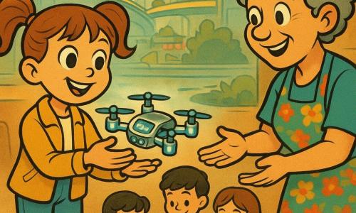An 8-year-old girl, joyful and curious with light-brown pigtails, big bright eyes, a mustard-yellow jacket, jeans and red sneakers, gently holds a small shiny silver drone with flashing blue lights and a tiny map screen hovering above her palms as she smiles proudly; a woman of about 35 with short pearly-gray curls in a colorful apron sits at a wooden table with two focused children (~7–9) cutting and gluing colored paper, reaching to welcome the drone with a warm smile; the bright community center opens onto futuristic skyscrapers, floating bridges, rooftop gardens and a lit fountain outside; main moment: the girl returns the drone to the center’s makers in warm late-afternoon light, composition centered on hands and drone, friendly expressions and collaborative atmosphere.