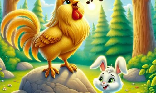 Un gallo dalle piume dorate e brillanti, con uno sguardo curioso e determinato, si erge fiero su una pietra al centro di un prato soleggiato. Canta gioiosamente, con le ali leggermente spiegate, mentre un sorriso illumina il suo volto. Accanto a lui, un coniglio bianco di nome Bianchino, con grandi orecchie e un pelo setoso, lo incoraggia con un sorriso amichevole, seduto sull'erba verde. Sullo sfondo, alberi maestosi con foglie verdi brillanti formano un contesto naturale, e fiori colorati punteggiano il terreno, aggiungendo un tocco di magia alla scena. La situazione principale mostra il gallo pronto ad affrontare una sfida, circondato dalla bellezza del bosco, pronto a scoprire i segreti dell'amicizia e del coraggio.