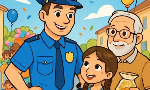 Un poliziotto di circa trent'anni, con una divisa blu brillante e un sorriso caloroso, si trova al centro della scena. I suoi capelli castani sono pettinati all'indietro e indossa un cappello con un distintivo lucente. Ha un'aria sicura e amichevole, pronto ad aiutare i bambini e le famiglie. Alla sua destra, una bambina di otto anni, con due trecce e un vestito colorato, guarda il poliziotto con occhi brillanti di ammirazione, tenendo un clarinetto in mano. Alla sua sinistra, un uomo anziano con la barba grigia e occhiali osserva la scena con un sorriso benevolo, tenendo un sacchetto di biscotti. La scena si svolge in una strada animata, decorata con bandierine colorate e palloni, dove i bambini giocano e le famiglie si radunano attorno a un grande carro decorato con fiori di carta e coriandoli. Il sole splende in un cielo azzurro chiaro, illuminando i volti gioiosi dei passanti. La situazione principale mostra il poliziotto che aiuta la bambina a superare la paura di suonare in pubblico, mentre l'uomo anziano, sullo sfondo, condivide biscotti con altri bambini, creando un'atmosfera di amicizia e sostegno.