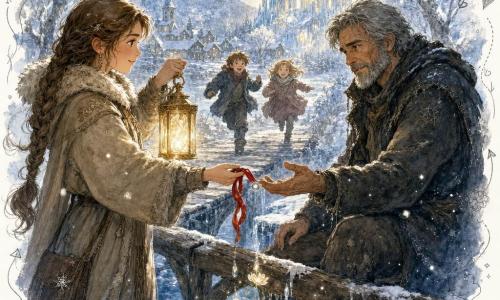 Liora, warmherzig und entschlossen, mit sanften Augen und braunen geflochtenen Haaren, trägt einen beigen Wollmantel mit Pelzbesatz und hält eine goldene Laterne mit einer kleinen glänzenden Perle; Bitterkeit, etwa 50, wettergegerbtes Gesicht, kurze graue Bartstoppeln, abgenutzter dunkler Mantel, sitzt auf einem Balken eines alten Holzbrunnens über einem zugefrorenen Fluss und nimmt von Liora sanft ein rotes Band und die Perle entgegen, während sein Gesicht weicher wird; im Hintergrund nähern sich verschwommene Kinder (6–8 Jahre) lachend aus dem Dorf; Ort: verschneiter, frostbedeckter Holzbrücke mit reifbedeckten Bäumen und einer teilweise schmelzenden Eiskathedrale in der Ferne, goldiges Licht spiegelnd; Szene: Märchenstimmung, warme Laternenbeleuchtung kontrastiert mit kalten Blautönen, schmelzende Eistropfen verwandeln sich in leuchtende kleine Blumen, zentrierte Komposition, nahe Perspektive; grafischer Stil: eisige Blau- und Perlmuttweiß-Palette mit warmen Gold- und Rottönen, aquarell- und tuscheartige weiche Linien, körnige Schneetextur, funkelnde Lichter und Doodle-Overlay (Herzen, Sterne, Flocken).