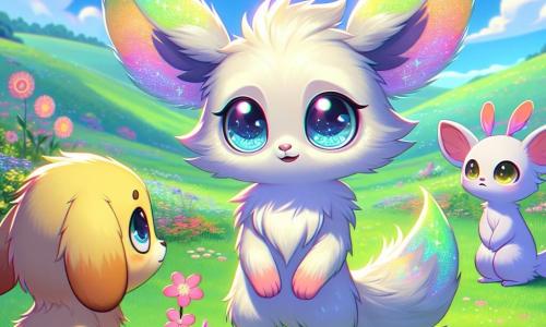 In the center of the image, Luma, a Glimmerkin with sparkling fur and bright eyes, stands in a sunny meadow, her face expressing slight sadness as she confesses to her friends about her lie regarding the flowers. She has soft, luminous fur, and her small ears are slightly drooping, showing her vulnerability. On the left, Brill, another Glimmerkin with vibrant fur and round eyes, looks at Luma with an understanding expression, his front paws crossed, ready to encourage her. On the right, Flick, a shy Glimmerkin with pastel fur and bright eyes, watches with curiosity, his face revealing slight concern. The setting is a lush meadow dotted with colorful flowers under a clear blue sky with fluffy white clouds. In the distance, gentle hills create a peaceful atmosphere. The main situation shows Luma, surrounded by her friends, sincerely sharing her secret while the flowers around them seem to gently sway in the wind, symbolizing the importance of honesty and friendship.
