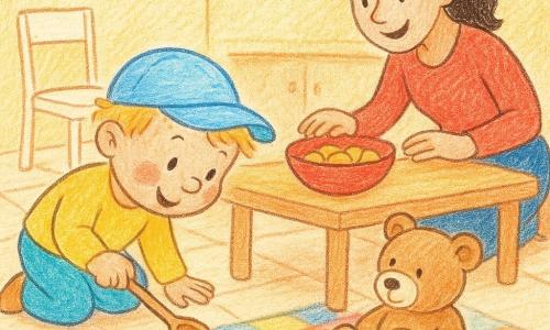 Un băiat de 2 ani, fericit și concentrat, cu păr blond și șapcă bleu, ține o linguriță de lemn și se apleacă spre un ursuleț de pluș pe covor, arătând spre o urmă de firimituri care duce de la un bol roșu cu biscuiți la urs; mama zâmbitoare, în jur de 30 de ani, cu păr prins, ghemuită lângă masă, întinde mâna spre bol; ursulețul deschis la culoare are o pată albă pe bot și ține un biscuit parțial ascuns; bucătăria e caldă, masă de lemn deschis, scaun alb, podea cu gresie și covor în carouri; scenă de „mic mister” în stil desen pentru copii, linii de creion vizibile, culori vii și forme simple.
