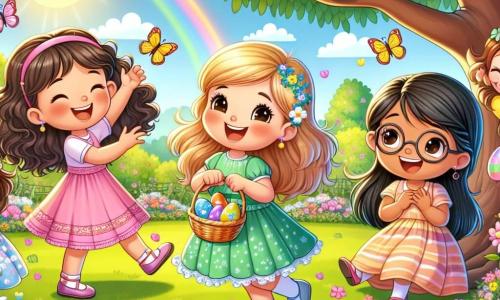 Quatro meninas de seis anos estão em um jardim ensolarado, cercadas por flores coloridas. Sofia, com cabelos castanhos e cacheados, usa um vestido rosa e sorri alegremente segurando uma pequena cesta. Ao lado dela, Clara, com cabelos loiros e uma trança, dança entusiasticamente vestida de amarelo. Luísa, com cabelos negros e lisos, usa um vestido azul e observa curiosamente, segurando um ovo de Páscoa azul. Por fim, Ana, com cabelos castanhos e óculos, está agachada perto de um arbusto, procurando um ovo escondido, vestida de verde. O jardim está cheio de flores vibrantes, com borboletas coloridas voando. No centro, uma grande árvore majestosa oferece sombra, e um arco-íris desenhado no chão adiciona um toque mágico à cena. As meninas estão em uma caça aos ovos de Páscoa, procurando com excitação um ovo especial que, segundo a lenda, realiza um desejo. A atmosfera é alegre e cheia de aventura, com risadas e gritos de entusiasmo.