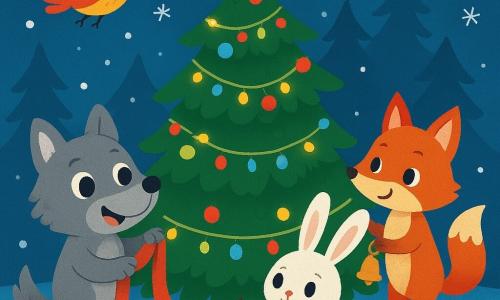 Um pequeno lobo de pelos macios e cinzentos, com grandes olhos brilhantes de alegria, está diante de uma magnífica árvore de Natal decorada com luzes cintilantes e guirlandas coloridas. Ele sorri maravilhado, segurando um belo pedaço de tecido em suas patas. Ao lado dele, uma pequena coelha de grandes orelhas e pelagem branca, com um olhar curioso e alegre, traz frutas coloridas que deposita cuidadosamente na base da árvore. Um pássaro de penas vivas, vermelho e amarelo, voa alegremente ao redor da árvore, cantando uma doce melodia, enquanto uma raposa de pelagem flamejante, com um ar travesso, pendura um bonito sino em um galho. A cena se passa em uma floresta encantada, onde a neve cobre o chão como um suave tapete branco, e os flocos caem lentamente do céu estrelado. As estrelas brilham acima, adicionando um toque mágico à atmosfera festiva. O pequeno lobo e seus amigos estão decorando a árvore de Natal juntos, rindo e se divertindo, criando uma atmosfera calorosa e alegre, cheia de camaradagem e magia natalina.