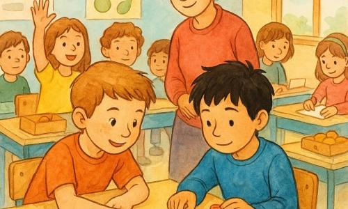 Tomás, menino de 8 anos, olhos brilhantes, cabelo castanho-claro curto e sorriso suave, inclina-se e aponta com o dedo uma pequena régrinha de papel sobre a mesa; Rui, 8 anos, aliviado e tímido, cabelo preto despenteado, segura peças de jogo de plástico e conta com cuidado sentado em frente a Tomás; a professora Sílvia, na casa dos 30, cabelo preso e olhar benevolente, observa sorrindo; colegas (7–9 anos) olham curiosos, Joana levanta a mão entusiasmada; sala de aula colorida transformada em mini-mercearia com mesas etiquetadas, caixinhas de frutas e bolachas, cartões e moedas de jogo espalhados, posters e luz quente; cena serena em que Tomás ajuda Rui a calcular o troco com a régrinha de papel, peças alinhadas como pequenos sóis, atmosfera acolhedora em tons pastéis e traço de tinta expressivo.