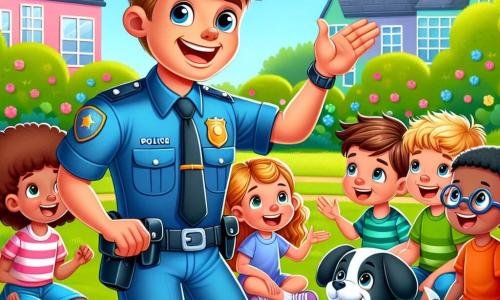 A male police officer named Officer Ben stands with a big smile, wearing a shiny blue uniform and a hat slightly tilted over his eyes. He is surrounded by several joyful children, all around 7 years old, who listen attentively. Among them, a girl with curly hair and a red shirt raises her hand enthusiastically, while a boy with round glasses and a green t-shirt smiles and nods. The scene takes place in a sunny park with lush trees and colorful flowers. The children play on the grass, and a spotted puppy named Dotty joyfully frolics near Ben. Officer Ben explains to the children the importance of safety and helping each other, his eyes sparkling with excitement. The captivated children sit in a circle around him, eager to learn and experience a fun police adventure.