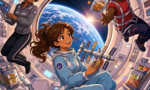 Sara, astronauta sorridente com rabo de cavalo castanho flutuante, veste uma roupa espacial azul-claro com detalhes brancos e está sentada junto a uma grande janela redonda olhando a Terra enquanto segura uma pequena maquete colorida da estação; Rita, comandante de cabelos curtos pretos e expressão séria porém benigna, flutua à esquerda ajustando tablets e sorrindo; Hugo, homem brincalhão de cabelos castanhos encaracolados, veste camiseta vermelha e arnês de exercício, gira como um dançarino à direita e apanha um pacote de biscoitos flutuante; interior é um corredor acolhedor da estação com paredes brancas arredondadas, painéis eletrônicos iluminados, caixas de comida presas e cordões de segurança, janela mostra um globo azul com nuvens, estrelas e um halo solar ao longe; cena calma e alegre, cores em tons pastéis, traços suaves, expressões claras, composição centrada, estilo manga infantil, texturas nítidas e contrastes suaves.