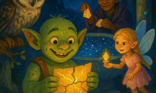 Toluś, mały uśmiechnięty troll o miętowozielonej skórze z drobnymi bliznami, orzechowymi oczami i dużymi spiczastymi uszami, ma na ramieniu znoszony płócienny sakw, trzyma części starej świecącej mapy i patrzy na nią dumnie; Mądrusia, mądra stara sowa z szaroplamistym upierzeniem i dużymi złotymi oczami, siedzi na gałęzi z lewej i pochyla głowę jak doradzając; Iskierka, młoda wróżka z blond warkoczami, przezroczystymi opalizującymi skrzydłami i jasnoróżową sukienką, unosi się po prawej trzymając małą migoczącą lampkę; stara wróżka z pomarszczoną, życzliwą twarzą i siwymi włosami upiętymi w kok stoi za trollem, trzymając ostatni fragment mapy przy błyszczącym basenie; sceneria to Sanktuarium Gwiazd — otwarta grota pod nocnym niebem z dużym lustrowym basenem odbijającym tysiące gwiazd, kamiennymi kolumnami pokrytymi świecącym mchem i małymi niebieskimi kryształami; sytuacja: wzruszające spotkanie przy brzegu basenu, przyjaciele składają fragmenty świecącej mapy w miękkim świetle księżyca, atmosfera magiczna i ciepła, nasycone kolory (głębokie błękity, miękkie zielenie, akcenty złota i różu), widoczne pociągnięcia pędzla i gruba faktura typowa dla akrylowego malarstwa dziecięcego.