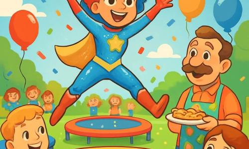 A superheroine, Captain Bounce, is at the center of the image, a joyful woman with curly, colorful hair, wearing a shiny costume in bright blue and yellow that sparkles in the sun. She has a big enthusiastic smile and sparkling eyes, ready to jump on a giant trampoline. To her right, Mr. Crumble, a middle-aged man with a funny mustache and a colorful apron, holds a plate of delicious snacks, smiling proudly. He stands near a table decorated with balloons and garlands, watching Captain Bounce with admiration. The setting is a vibrant park filled with colorful trampolines, floating balloons, and happy families watching the show. Confetti flies in the air, creating a festive atmosphere. The main scene shows Captain Bounce mid-jump, gracefully soaring into the air, ready to release a huge piece of confetti stuck on a trampoline, while children and adults applaud and laugh around her, captivated by her incredible talent.