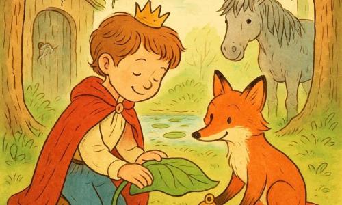 A smiling calm prince (boy ~8) with light brown hair, a small golden crown and a red velvet cape kneels by a large green leaf reaching for a small shiny copper bell; a red fox with a bright coat, slim muzzle and gentle, mischievous eyes holds the bell between its front paws and looks at him while sitting on the mossy path; an old grey horse with a tousled mane and kind gaze stands in the background near a wooden door; the scene is a small grove by a pond with white water lilies, mossy ground, broad trunks and hanging vines under a soft pastel sky, an intimate tender moment as the prince retrieves the bell to make the fox happy, lit by filtering sunbeams in a warm, safe atmosphere.