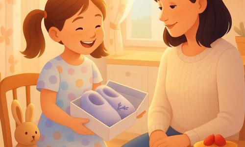An 8-year-old girl, joyful and focused with a round freckled face and light brown pigtails, wearing a pastel polka-dot dress and striped socks, holds an open box of lavender-scented fluffy slippers and smiles as she places them near her mother's feet; the mother, about 34, gentle and moved with mid-length brown hair and a cream knit sweater, sits at the kitchen table trying on a slipper and looks tenderly at her daughter with hands on her knees; a small stuffed rabbit (Mr. Button) sits on the chair beside the girl like a silent companion; bright morning kitchen with light wood floor, oak table with strawberry pancakes and a jar of jam, floral curtains and a sunbeam casting a golden stripe on the floor — a warm, intimate Mother's Day moment with soft pastel colors, felted textures and golden lighting.