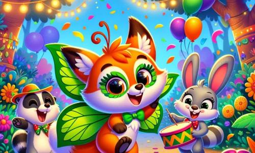 Un pequeño zorro de pelaje naranja brillante, con grandes ojos que brillan de alegría, lleva alas de mariposa hechas de hojas verdes. Baila con una gran sonrisa en su rostro, rodeado de colores vivos y confeti. A su lado, un pequeño mapache llamado Miguel, con pelaje gris y ojos redondos, salta de alegría, sosteniendo un tambor colorido. Se ve muy entusiasta y ríe con felicidad. Un adorable conejo blanco llamado Brinco, con grandes orejas y un moño rojo, aplaude sonriendo, de pie sobre sus patas traseras. El decorado es un bosque mágico, lleno de árboles de troncos coloridos, flores brillantes y guirnaldas de luces centelleantes que cuelgan de las ramas. Globos flotan en el aire, añadiendo a la atmósfera festiva. La escena muestra a Zorrito y sus amigos celebrando alegremente el carnaval, bailando juntos bajo un cielo azul salpicado de nubes blancas, rodeados de un ambiente de fiesta y camaradería.