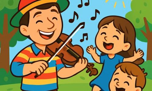 Um homem alegre, chamado João, com um grande sorriso e olhos brilhantes, usa um chapéu colorido e uma camisa listrada. Ele toca seu violino, suas mãos dançam nas cordas, e seu rosto expressa imensa alegria. Ao seu lado, uma menina de 7 anos, Sofia, com longos cabelos castanhos e um vestido azul, pula de felicidade cantando, enquanto um menino de 6 anos, Pedro, com cabelo curto e uma camiseta vermelha, aplaude com entusiasmo. Eles estão em um parque verdejante, cercado de árvores com folhas brilhantes e flores coloridas, sob um céu azul ensolarado. A cena mostra João e as crianças cantando juntos, criando uma atmosfera festiva e alegre, cheia de música e risos.