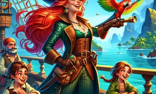 A Capitã Zara, uma mulher de cabelos ruivos brilhantes, se mantém orgulhosamente no convés do navio Ventos Libres, seu rosto radiante de excitação e determinação. Ela usa um chapéu de pirata adornado com penas coloridas e um casaco de couro desgastado, enquanto observa o horizonte com seu velho telescópio dourado. Ao seu lado, o papagaio Serafim, com penas verdes e amarelas vibrantes, bicota um velho pergaminho, adicionando curiosidade à cena. Um pouco mais adiante, o cozinheiro Bartô, um homem jovial de cerca de cinquenta anos com um grande bigode, prepara bolinhos de peixe em uma pequena mesa, rindo enquanto manipula os ingredientes. A grumete Lili, uma garota de dez anos com cabelos castanhos trançados, observa com olhos brilhantes de admiração, pronta para anotar as aventuras que virão. O navio está ancorado em uma baía tranquila, cercada por falésias íngremes e palmeiras verdes, o céu é de um azul radiante, salpicado de nuvens brancas fofas. O mar brilha sob o sol, criando reflexos dourados. A cena principal mostra Zara anunciando a próxima aventura para sua animada equipe, todos ansiosos para partir em busca do misterioso Olho do Leviatã, com sorrisos nos rostos e uma energia palpável no ar.