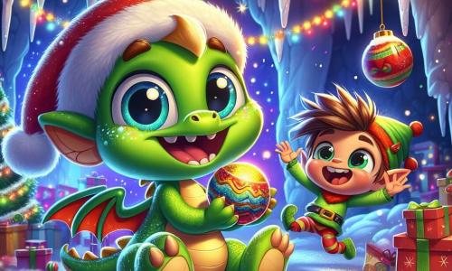 Um pequeno dragão verde chamado Puff, com grandes olhos redondos e escamas brilhantes, sorri alegremente segurando um bonito gonguinho dourado na pata. Ele está cercado por guirlandas cintilantes e decorações de Natal coloridas, com uma expressão de excitação no rosto. Ao lado dele, o Duende Travesso, um pequeno personagem com cabelos desgrenhados e um chapéu vermelho pontudo, salta de alegria, seus olhos brilhando de travessura. Ele segura uma bola de Natal nas mãos, pronto para lançá-la ao ar. A cena se passa em uma caverna mágica, iluminada por luzes multicoloridas que dançam nas paredes, com estalactites cintilantes e um chão coberto de neve macia e fofa. Puff e o Duende Travesso estão decorando a caverna para o Natal, rindo e se divertindo juntos, cercados por decorações espalhadas, criando uma atmosfera festiva e alegre.