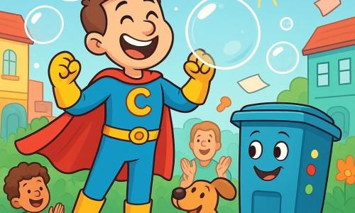 A man named Captain Bloop, with a big joyful smile, wears shiny boots and a bouncy cape. He is making giant bubbles with his elbows, which float in the air, sparkling in the sun. Next to him is an intelligent trash bin named Binny, with a friendly face and blinking lights, watching in admiration. In the background, a crowd of neighbors, including curly-haired 8-year-old twins, applaud and laugh, while a big-eared dog rubs against Captain Bloop's legs. The scene takes place in a lively square of Bright Block City, surrounded by colorful buildings and pretty flowers. Napkins and cups fly through the air due to a playful breeze. Captain Bloop, with his contagious energy, uses his powers to catch the flying objects, creating a festive and friendly atmosphere.