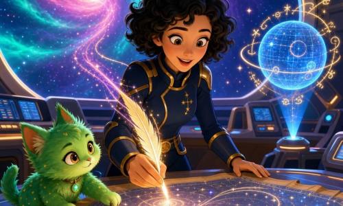 A smiling, awed woman — Captain Elara — with short ebony curls in a midnight-blue spacesuit trimmed in gold holds a glowing magical quill that draws silver lines above a large holographic parchment; a small plush-like Emerald Planet creature the size of a kitten with shiny green fur and amber eyes stands at her feet, paw on the parchment; the ship's AI appears as a translucent blue holographic globe beside Elara projecting golden runes; the scene is the Solaris Dreamer bridge with a curved observation window onto a swirling pink, turquoise and violet nebula, smooth metal panels, backlit consoles and stars, Elara inscribing sparkling symbols on the Great Star Map while the nebula seems to whisper luminous trails toward the quill, magical curious atmosphere, vivid colors, soft lighting, composition centered on the parchment and star window.