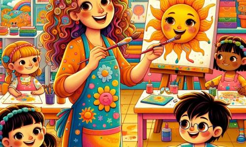 Clara, una donna di circa quarant'anni con lunghi capelli ricci e un sorriso caloroso, si trova al centro di un'aula luminosa, circondata da colori vivaci. Indossa un grembiule macchiato di vernice e tiene un pennello in una mano, mentre con l'altra incoraggia i bambini a creare le loro opere d'arte. Marco, un ragazzo di circa 8 anni con occhiali e capelli castani disordinati, è seduto a un tavolo a sinistra di Clara, concentrato sul suo dipinto di un grande sole sorridente con colori vivaci. Sofia, una bambina di 7 anni con trecce e un vestito rosa, si trova a destra di Clara, con dei pastelli in mano mentre disegna un paesaggio incantevole, il viso illuminato dall'emozione. La scena si svolge in un'aula colorata, con pareti decorate da disegni di bambini e opere d'arte famose. I tavoli sono coperti di materiali artistici: pennelli, vernici, carta e collage, creando un'atmosfera gioiosa e creativa. Clara, piena di entusiasmo, guida i bambini nella loro esplorazione artistica, mentre si immergono nella magia della creazione, esprimendo ciascuno la propria immaginazione attraverso l'arte.