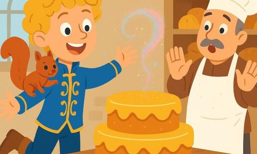 Ein frecher, lächelnder Prinzenjunge mit blonden Locken und blauer Jacke mit Goldeinfassung springt und streckt die Hände zu einer großen goldenen Torte auf einem Holztisch; ein kleiner, rotbrauner, sprechender Eichhörnchenmann mit buschigem Schwanz sitzt auf seiner Schulter und winkt mit der Pfote; ein etwa 50-jähriger Bäcker mit rundem Gesicht, grauem Schnurrbart, weißer Kochmütze und bemehlter Schürze steht hinter dem Tisch, die Hände überrascht und erleichtert erhoben; über der Torte wirbelt ein funkelnder magischer Staubwirbel, rosa und blaue Glitzer fallen; die Szene spielt in einer Palastbäckerei mit hellen Steinwänden, mit Broten gefüllten Holzregalen, großen Bodenfliesen und einem runden Fenster, durch das warmes Morgenlicht fällt; Hauptsituation: das freudige Wiederauftauchen der verschwundenen Torte, Überraschung und Feier, übertriebene Mimik, kräftige Farben, flacher Grafikstil, gesättigte Farben, einfache Formen, klare Konturen, fröhlich-verzauberte Atmosphäre.