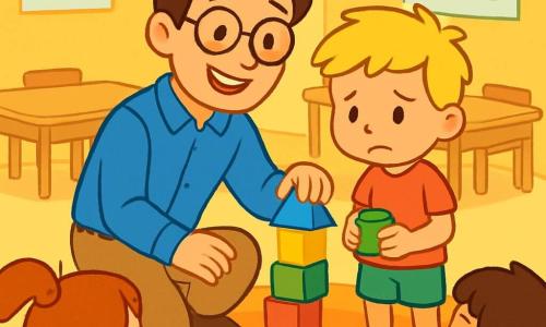Un maestro alegre, un hombre de unos treinta años, con cabello castaño y gafas redondas, sonríe cálidamente mientras se arrodilla junto a un niño pequeño. El maestro lleva una camisa azul y pantalones beige, y su rostro irradia bondad. Leo, un niño de 6 años, con cabello rubio desordenado y ojos tristes, se encuentra a su lado, sosteniendo bloques de construcción de colores, con un aire un poco desanimado. La escena tiene lugar en un aula luminosa, con paredes pintadas de amarillo y carteles coloridos que representan letras y números. Mesas de madera están dispuestas en semicírculo, y una alfombra suave está en el centro, donde los niños suelen jugar. El maestro ayuda a Leo a construir una torre de bloques, animando al pequeño con una sonrisa amigable, mientras que los otros alumnos los observan con curiosidad, ansiosos por ver cómo se forma la torre.