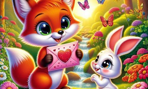 Ein kleiner, leuchtend roter Fuchs mit großen, neugierigen Augen und einem schelmischen Lächeln hält einen hübschen, rosa Umschlag mit Herzen in seinen Pfoten. Er steht am Rand eines glitzernden Baches, umgeben von bunten Blumen, die im Wind tanzen. Neben ihm sitzt ein niedliches Kaninchen mit großen Ohren und weichem, weißem Fell, das mit rosigen Wangen und strahlenden Augen die Botschaft des Herzens liest und dabei strahlt. Es sitzt auf dem grünen Gras, umgeben von Geranien und Margariten, und schaut den Fuchs bewundernd an. Die Szenerie ist ein wunderschöner Frühlingsgarten, der in goldenem Licht erstrahlt, mit majestätischen Bäumen und bunten Schmetterlingen, die die magische Atmosphäre unterstreichen. Der Hauptmoment zeigt, wie der kleine Fuchs der Kaninchen das wertvolle Nachricht übergibt, was eine schöne Liebeserklärung offenbart, umgeben von der Schönheit der Natur und dem fröhlichen Geist des Valentinstags.