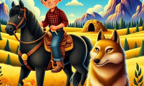 Un giovane cowboy, Jack, di circa 25 anni, è fiero sul suo cavallo nero, Thunder, in mezzo a una prateria dorata. Ha capelli castani disordinati, un grande sorriso e indossa un cappello da cowboy consumato, una camicia a quadri rossa e jeans. Guarda con curiosità verso una caverna misteriosa in lontananza, i suoi occhi brillano di eccitazione. Accanto a lui, un lupo dorato, maestoso e dagli occhi penetranti, si erge sulle zampe posteriori, sembrando incoraggiarlo ad avanzare. Il lupo ha un pelo splendente che brilla sotto il sole al tramonto e guarda Jack con un'espressione amichevole e protettiva. Il paesaggio è una vasta prateria con colline ondulate, fiori selvatici colorati e un cielo blu punteggiato di nuvole bianche. Sullo sfondo si vedono montagne maestose contro l'orizzonte. La scena principale mostra Jack pronto a esplorare la caverna misteriosa, con una vecchia mappa in mano, mentre il lupo dorato lo incoraggia a scoprire il tesoro nascosto. L'atmosfera è carica di avventura e magia, illuminata dalla luce dorata del sole al tramonto.