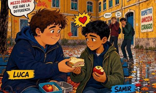Il protagonista è un ragazzo di 11–12 anni, Luca, volto tondo, capelli castani spettinati, espressione benevola e determinata, con giacca blu scuro, che offre metà di un panino al tonno con un sorriso sincero seduto su una panchina di legno; il secondario è un ragazzo più magro, Samir, pelle olivastra, capelli neri corti, sguardo timido ma sollevato, che accetta il panino stringendo una mela nell’altra mano; sullo sfondo due adolescenti derisori, sagome leggermente sfocate vicino a un muretto; ambientazione: cortile scolastico d’autunno con pavé bagnato, foglie gialle e rosse, panchina consumata, edifici color ocra e finestre con tende, cielo grigio chiaro; scena: gesto semplice di solidarietà durante la ricreazione, contrasto tra il calore degli atti e la freddezza del paesaggio autunnale, luce morbida, colori vivaci e contorni netti in stile pop art.