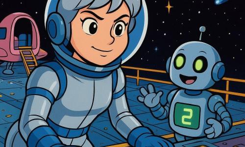 Luna, giovane donna di circa 20 anni dal volto rotondo e occhi luminosi, capelli corti argentati, espressione determinata e serena con sopracciglia aggrottate e leggero sorriso, indossa una tuta spaziale argentata con bande blu, guanti spessi e casco aperto mentre preme con sicurezza una grande console luminosa; accanto a lei Pippo, robot amichevole di media statura dal corpo metallico arrotondato e occhi LED verdi, gesticola mostrando uno schermo con numeri; sullo sfondo a sinistra la Stellina, piccola navetta rosa pallido con portello aperto e scala calata; scena su una grande piattaforma spaziale metallica con passerelle gialle, pannelli luminosi lampeggianti, comete scintillanti e scie ghiacciate che attraversano il cielo stellato; Luna riorienta la piattaforma per evitare una cometa visibile in diagonale, atmosfera tesa ma ottimista, colori vivaci e contrastati in stile cartoon anni ’90 con contorni netti ed illuminazione drammatica.