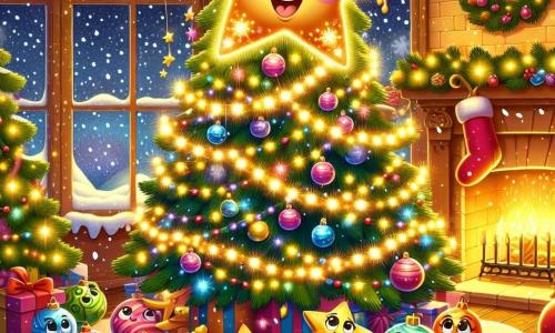 Una bella stella di Natale chiamata Stella brilla in cima a un maestoso albero di Natale, illuminata da mille luci, con occhi scintillanti di gioia e un sorriso radioso. È circondata da delicate luci scintillanti e da ghirlande colorate. Intorno all'albero, palline di Natale colorate, come piccole creature gioiose, rotolano e si agitano. Una pallina dorata, con un volto sorridente, sembra ridere mentre cerca di rimettersi in carreggiata, mentre una pallina rossa, con occhi spalancati, guarda Stella con ammirazione. Il decor è un accogliente salotto natalizio, con fiocchi di neve che cadono dolcemente all'esterno delle finestre, e un camino scoppiettante che diffonde una dolce luce dorata. Regali splendidamente confezionati sono disposti intorno all'albero, aggiungendo all'atmosfera festiva. La scena principale mostra Stella e le palline di Natale in piena azione, cercando di riunirsi dopo essere state disperse da un colpo di vento, creando un'immagine dinamica e piena di vita, ricca di magia e spirito natalizio.