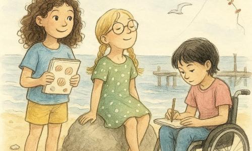 Ci sono tre personaggi: Nina, 10 anni, con capelli castani ricci e occhi vivaci, indossa una maglietta blu e pantaloncini gialli, tiene un quaderno con adesivi di conchiglie vicino al mare. Sara, 9 anni, con capelli biondi in due trecce e occhiali rotondi, indossa un vestito verde a pois bianchi e siede su una grande pietra, ascoltando i suoni intorno. Chiara, 10 anni, con capelli neri e corti, in sedia a rotelle, indossa una maglietta rosa e jeans, concentrata su un disegno nel quaderno. La scena è una spiaggia animata con sabbia dorata, onde leggere e cielo leggermente nuvoloso. Gabbiani volano sopra l'acqua e una barca colorata è ormeggiata vicino. Le tre ragazze sono insieme, affascinate dai suoni della spiaggia, circondate da conchiglie sparse, un aquilone nel cielo e un vecchio molo di legno che si estende nell'acqua. L'atmosfera è serena e gioiosa, catturando la curiosità e lo stupore dei bambini di fronte alla natura.