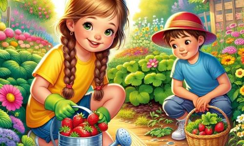 Ein 9-jähriges Mädchen mit langen, geflochtenen braunen Haaren und einem großen Lächeln hockt in einem bunten Garten, umgeben von leuchtenden Blumen und grünen Gemüse. Sie trägt ein leuchtend gelbes T-Shirt und Jeansshorts, mit grünen Gartenhandschuhen. Ihre Augen strahlen vor Aufregung, während sie saftige Erdbeeren mit einer Metallschaufel gießt. Neben ihr sammelt ein 9-jähriger Junge mit zerzausten blonden Haaren und einer roten Kappe trockene Blätter auf. Er trägt ein blaues T-Shirt und Cargo-Shorts und lächelt, während er das Mädchen ansieht. Etwas weiter weg beobachtet eine mittelalte Frau mit einem Strohhut und einer Schürze freundlich die Kinder und hält einen Korb voller frischem Gemüse. Der Ort ist ein üppiger Gemeinschaftsgarten mit bunten Pflanzenreihen, gut gepflegten Gemüsebeeten und kleinen Wegen aus gestampfter Erde. Schmetterlinge fliegen um die Blumen, und die Sonne scheint hoch am blauen Himmel. Die Hauptsituation zeigt das Mädchen und den Jungen, die gemeinsam im Garten arbeiten, lachen und Geschichten erzählen, während sie sich um die Pflanzen kümmern, was den Geist von Kameradschaft und Freude der Sommerferien veranschaulicht.