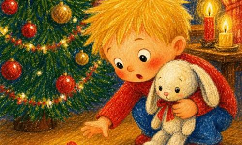 Een 2-jarige jongen met een rond gezicht, roze wangen en blonde piekerige haren zit gehurkt en reikend naar een klein zilveren belletje onder een donkergroene kerstboom; hij houdt een versleten wit konijnknuffel met rood lint tegen zich terwijl beide naar het belletje kijken; het belletje ligt op de lichte houten vloer en weerspiegelt kaarslicht; links achteraan staat de boom met rode en gouden ballen, glinsterende slingers en een gele ster; de gezellige kamer heeft ruitgordijnen in rood en twee brandende kaarsen op een tafeltje die zachte schaduwen werpen; sfeervol nachtelijk kerstmoment, warme kleuren, eenvoudige ronde vormen geschikt voor peuters.