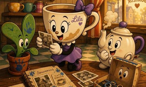La taza de porcelana antropomorfa Lila, rostro brillante y mancha de café en forma de sonrisa, con expresión decidida y alegre, sostiene con delicadeza una foto doblada entre su asa y su 