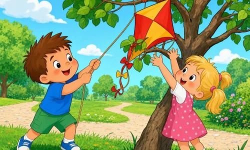 A 2-year-old girl with a round face, rosy cheeks, blond pigtails, large curious eyes and a mischievous smile reaches with both hands toward a red-and-yellow kite stuck in a low tree; Tom, about 3, with short brown hair, a blue T-shirt and green shorts, stands to the left smiling and gently pulls a small rope to free the kite; a reddish squirrel with bright black eyes and a bushy tail hangs on a branch above, holding a tiny string and looking down conspiratorially; setting: a colorful park with vivid green grass, yellow flowers and red poppies, a large rough-trunked tree with round leaves, a pale blue sky and a light gravel path in the background; mood: joyful, tender and playful cooperation.