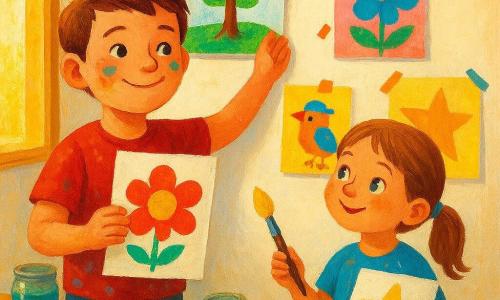 Ein Junge, Max, etwa 9 Jahre, rundes Gesicht mit Farbflecken, lächelt selbstbewusst und hält eine bunte Zeichnung, während er ein Blatt an eine weiße Wand klebt; daneben die etwa 6‑jährige Emma mit Zöpfen und leuchtenden Augen, bewundernd und einen Pinsel mit noch nassem gelben Stern haltend. Im kleinen Atelier goldenes Licht von einem großen Fenster, heller Holzboden und ein Tisch mit Farb­tuben, Wassergefäßen und Pinseln; an der Wand mit buntem Klebeband befestigte Bilder: ein gedrehter grüner Baum, ein Vogel mit Hut, eine große blaue Blume und ein leuchtender Stern. Warme, gesättigte Farben, sichtbare Acryltextur, dicke Pinselstriche und fröhliche Spritzer; Komposition zentriert auf die Kinder mit Nahaufnahmen ihrer Hände und der Zeichnungen, sanfte stolze Stimmung.