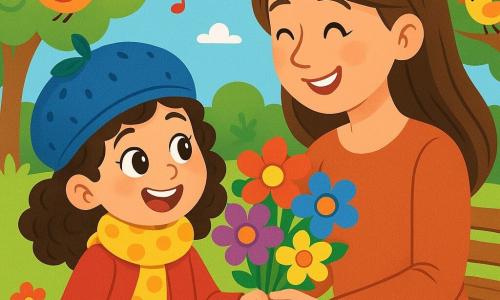 A 6-year-old girl named Maya, with curly hair and sparkling eyes, wears a blueberry-shaped blue hat and a polka-dot scarf. She smiles enthusiastically while holding a bouquet of colorful paper flowers. Next to her is her mother, a woman in her thirties with long brown hair and a warm smile, looking at her daughter with affection. They are in a sunny park surrounded by vibrant green trees and a small wooden bench. The scene shows Maya proudly presenting her bouquet to her mother, with singing birds and scattered flowers around them, creating a joyful and festive atmosphere for Mother's Day.