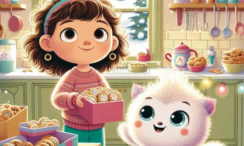 Mia, a little girl with curly brown hair and a big amazed smile, is standing in her cozy kitchen, surrounded by cookie boxes decorated with pretty ribbons. Next to her, a Flufflebop, a soft and fluffy creature with bright eyes and pastel fur, jumps for joy while holding a box of cookies, sharing the excitement of Christmas. The kitchen is filled with twinkling lights, colorful garlands, and a window overlooking a snowy landscape, where snowflakes gently fall. The scene shows Mia and the Flufflebop preparing cookie boxes for the neighbors, illustrating the magic and joy of sharing during the holidays.