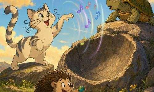 The main character is Mittens, an enthusiastic cream cat with gray stripes, question-mark whiskers and sparkling green eyes, perched on a flat stone with a raised paw like a conductor as he meows a funny line; a wise Sage Tortoise with a brown-green textured shell and gold round glasses sits on a higher rock, leaning forward after a surprising remark; Prickle the small hedgehog with brown quills holds shiny marbles and rolls laughing near the cat's paws. They are in a grassy clearing atop a small hill of round stones around a cup-shaped rocky hollow that echoes, with tall grass, wildflowers and a sparkling stream in the background; during an echo contest the animals burst into laughter as the echo appears as translucent waves and colorful musical notes bouncing back under golden late-afternoon light.