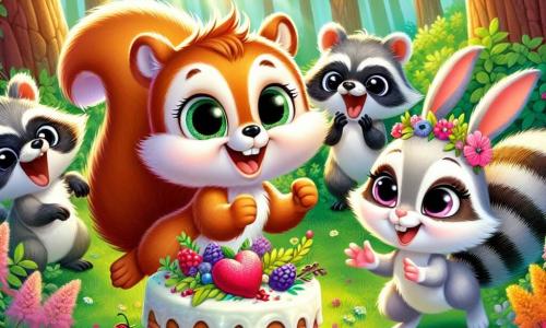 In a colorful forest, a little squirrel named Sammy, with soft brown fur and a bushy tail, jumps for joy, his eyes sparkling with excitement as he holds a heart-shaped cake decorated with wildflowers and berries. Beside him, a small white bunny named Bella, with big sparkling eyes and long ears, smiles in wonder, her paws raised as if ready to clap. A group of mischievous raccoons, with their gray fur and black masks, stands a little back, laughing and curiously looking at the cake, their eyes gleaming with mischief. The scene takes place in a sunny clearing surrounded by majestic trees with vibrant green leaves, with colorful flowers dancing in the wind, creating a joyful and festive atmosphere. Sammy and his friends celebrate Valentine's Day by surprising Bella with a cake, filled with joy and friendship, while the sun's rays illuminate their special moment.