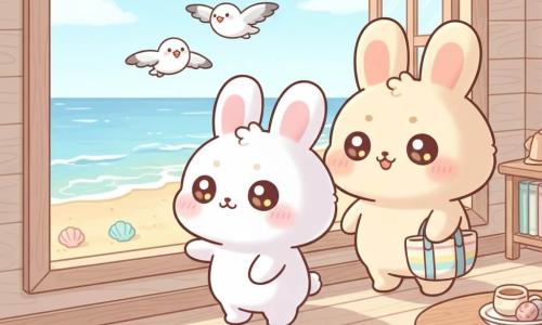 Pip is a small chibi white rabbit with soft fur, pink inner ears, big shiny round eyes and a curious expression, standing by a window with one paw on the sill, looking at the beach. His mother, a slightly larger chibi rabbit with cream fur and a warm smile, stands behind him holding a colorful beach bag, ready to go. Two small white-and-gray chibi seagulls flutter outside above the sea. Inside is a light wooden beach house with plank floors, pastel cushions and sunbeams making square patches on the floor. Outside is a golden sandy beach, gentle blue waves and a few shells. Main scene: a tender, calm summer morning, Pip excitedly watching the beach while his mother prepares a picnic, soft pastel colors, cute soothing style.